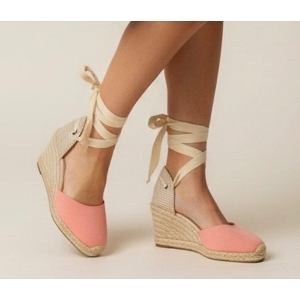 NEW Espadrille Wedge Sandals Coral Pink Ribbon Ankle Tie Size 38.5 Summer Boho